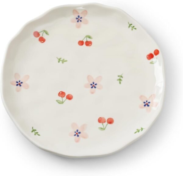 Floral Ceramic Dinner Plates, 8" Microwave Safe Dishes for Pasta, Modern Rustic Appetizer Plate for Salad Fruits Dessert Cake (Pink Flowers)