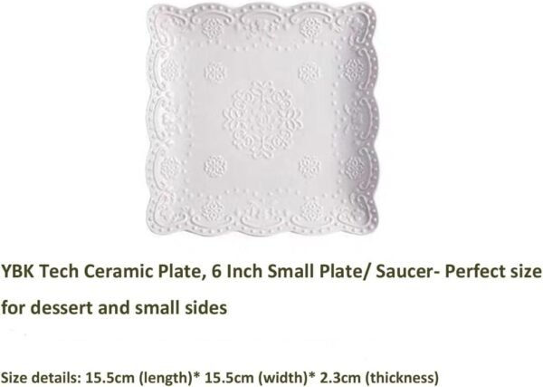 Elegant Square Embossed Lace Plate Bone China Dessert Plate Ceramic Plate for Breakfast Afternoon Tea (White, 6-inch) - Image 2