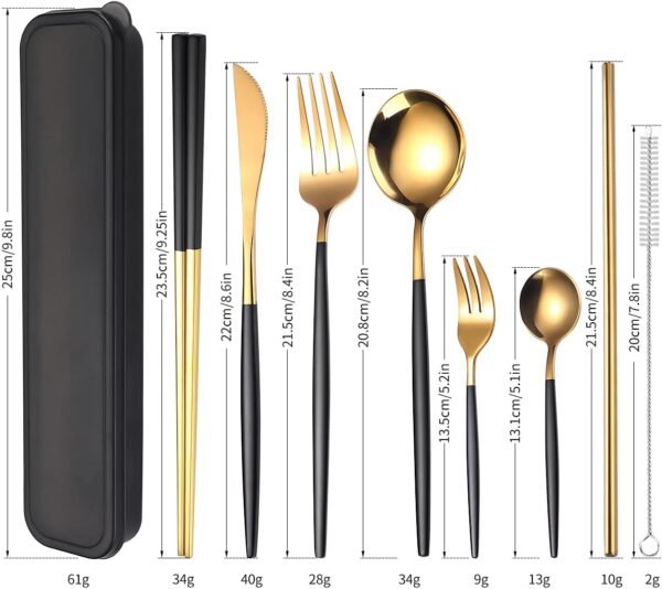 8 Pieces Stainless Steel Flatware Set Portable Reusable Cutlery Set Travel Utensils Set Including Chopsticks Knife Fork Spoon Straws Cleaning Brush Dishwasher Safe (Black Golden) - Image 2