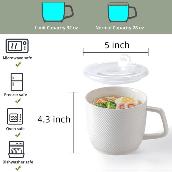 Ceramic Soup Bowl with Lid & Handle: 32 oz Microwave Safe Food Container for Ramen Noodles Cereal Leftovers - Extra Large Mugs for Breakfast Lunch Picnic Camping - White, Set of 1 - Image 2
