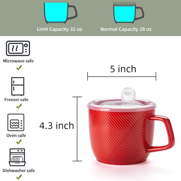 Ceramic Soup Bowl with Lid & Handle: 32 oz Microwave Safe Food Container for Ramen Noodles Cereal Leftovers - Extra Large Mugs for Breakfast Lunch Picnic Camping - Red, Set of 1 - Image 2