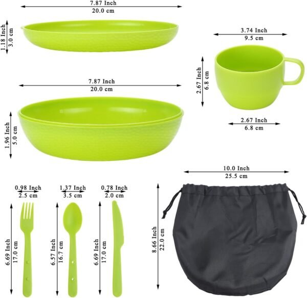 Camping Mess Kit with Bowl, Plate, Cup, Spoon, Fork, Knife and Carry Bag, Save Space, Easy to Carry, Plastic Camping Essentials Utensils for Travel, Picnic, Outdoor (Green) - Image 2