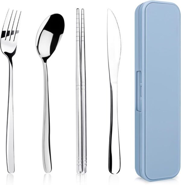 5 Piece  Portable Travel Utensils Set with Case, Premium 304 Stainless Steel Camping Utensils Set, Reusable Silverware for Camping, Lunch, Work, School, etc, Easy to Clean (Silver)