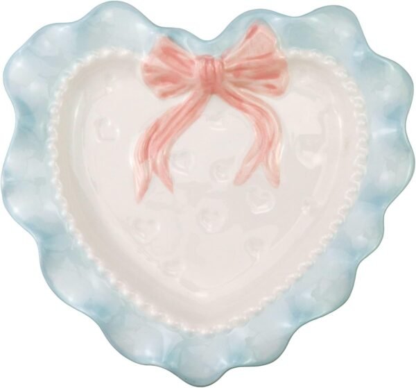 Lovely Ceramic Heart Shaped Dessert Plate Wavy Lace Plate for Kitchen Party Decoration (Blue)