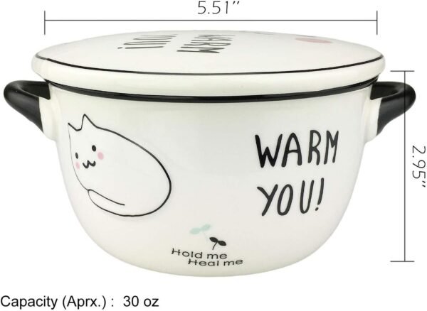 Big Capacity 24oz 3D Cute Cartoon Microwave Ceramic Soup Cat Bowl Instant Noodle Bowl Cereal Bowl for Salad Fruit Vegetable with Ceramic Kitty Cat Lid and Handles (White A) - Image 2