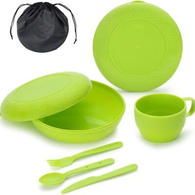 Camping Mess Kit with Bowl, Plate, Cup, Spoon, Fork, Knife and Carry Bag, Save Space, Easy to Carry, Plastic Camping Essentials Utensils for Travel, Picnic, Outdoor (Green)