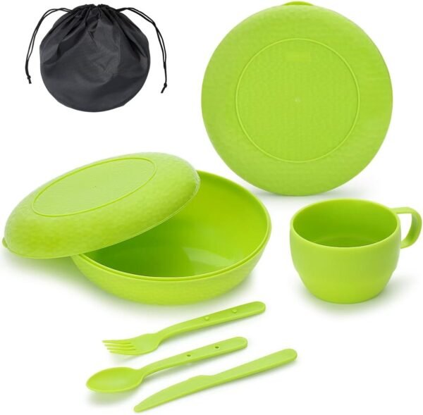 Camping Mess Kit with Bowl, Plate, Cup, Spoon, Fork, Knife and Carry Bag, Save Space, Easy to Carry, Plastic Camping Essentials Utensils for Travel, Picnic, Outdoor (Green)