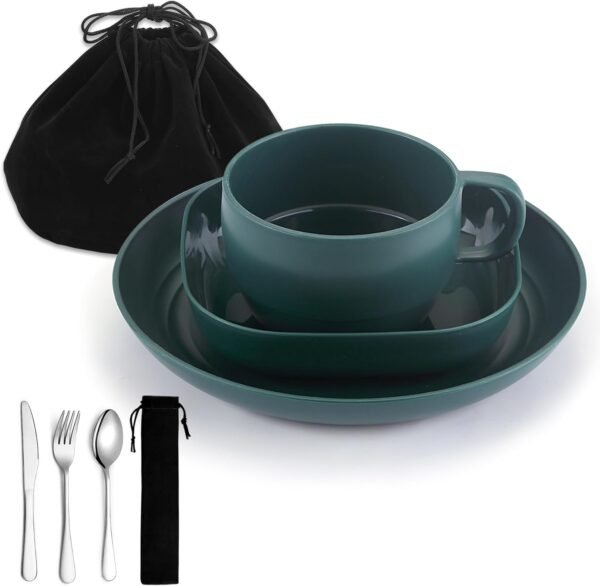 Camping Utensils Set,  Camping Plates and Bowls Set with Coffee Mug, Travel Cutlery Set Include Spoon, Fork, Knife for Home, Poolside, Outdoor, Picnic, Camp
