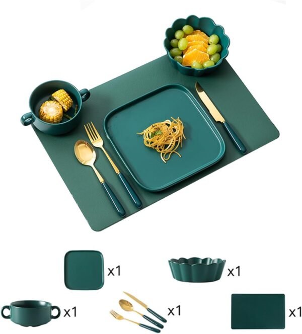 Plate Bowl Fork Knife Spoon Cup and Meal Mat Set for Microwave Safe, Made of Ceramic and Food Grade Stainless Steel Materials for Home/restaurant (1-Person Round Plates,Green) - Image 2