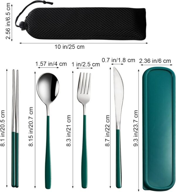 4-Piece Portable Travel Utensils Set with Case 18/8 Stainless Steel Flatware Set Reusable Cutlery Set with Fork Spoon Knife Chopstick for Lunch Travel Camping School Work Picnic (Deep Green) - Image 2