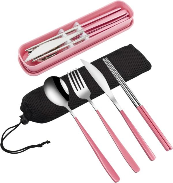 4-Piece Portable Travel Utensils Set with Case 18/8 Stainless Steel Flatware Set Reusable Cutlery Set with Fork Spoon Knife Chopstick for Lunch Travel Camping School Work Picnic (Pink)