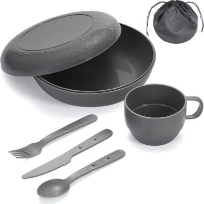 Camping Mess Kit with Bowl, Plate, Cup, Spoon, Fork, Knife and Carry Bag, Plastic Camping Accessories Essentials Gear for Travel, Camping, Picnic, Outdoor, Easy to Carry & Store