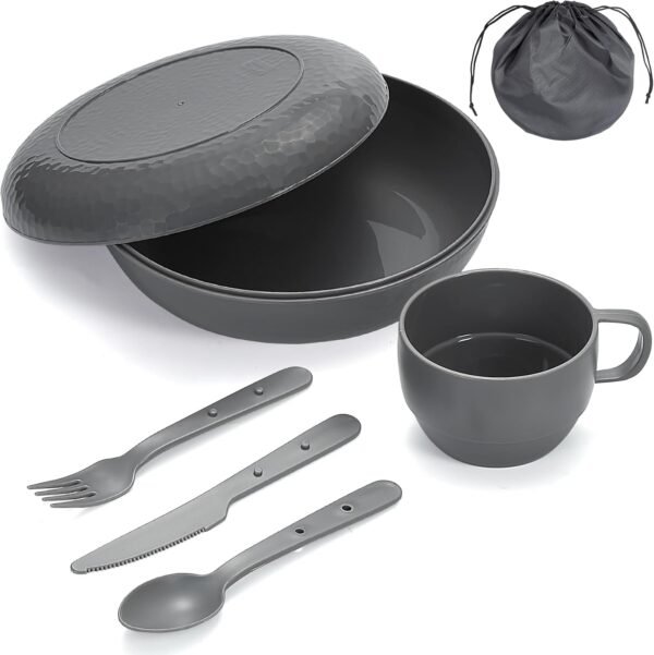 Camping Mess Kit with Bowl, Plate, Cup, Spoon, Fork, Knife and Carry Bag, Plastic Camping Accessories Essentials Gear for Travel, Camping, Picnic, Outdoor, Easy to Carry & Store