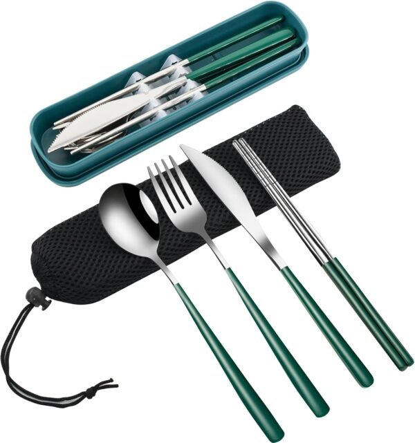 4-Piece Portable Travel Utensils Set with Case 18/8 Stainless Steel Flatware Set Reusable Cutlery Set with Fork Spoon Knife Chopstick for Lunch Travel Camping School Work Picnic (Deep Green)
