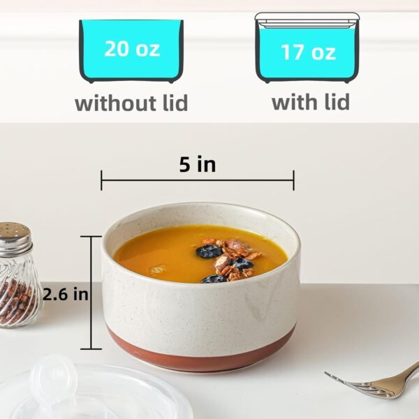 Ceramic Bowl with Lid: 20 oz Microwave Safe Porcelain Soup Container for Food Storage, Meal Prep, Working Lunch, Picnic & Camping - 5 Inch Dipped Color & Speckle Cream - 1 PCS - Image 2