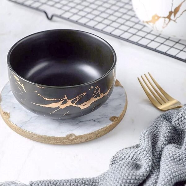 Ceramic Cereal Bowl Marble Soup Bowl 17 OZ Ceramic Rice Bowl Luxury Gold Inlay Dessert Bowl Microwave and Dishwasher Safe for Oatmeal Snack (Black) - Image 2