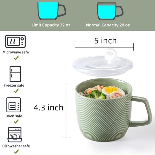 Ceramic Soup Bowl with Lid & Handle: 32 oz Microwave Safe Food Container for Ramen Noodles Cereal Leftovers - Extra Large Mugs for Breakfast Lunch Picnic Camping - Green, Set of 1 - Image 2