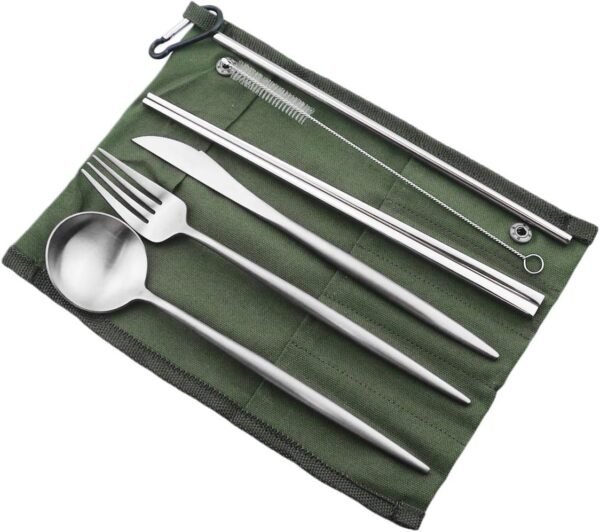 Reusable Travel Utensils, 7 Pieces Portable 18/10 Stainless Steel include Knife Fork Spoon Chopsticks Cleaning Brush Straws Portable Pouch, Eco-friendly Camping Silverware Set, Dishwasher Safe - Image 2