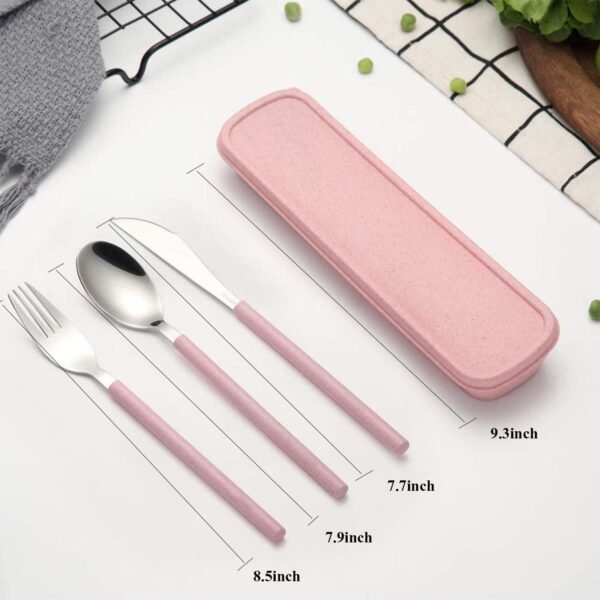 Portable Home Utensils Reusable Flatware Set with Case, Stainless Steel Metal Travel Cutlery Lunch Tableware 3 PCs Fork Spoon Knife with Colored Handle(Fork Spoon Knife 1 set, Pink) - Image 2