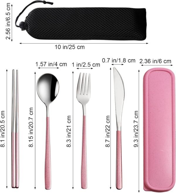 4-Piece Portable Travel Utensils Set with Case 18/8 Stainless Steel Flatware Set Reusable Cutlery Set with Fork Spoon Knife Chopstick for Lunch Travel Camping School Work Picnic (Pink) - Image 2
