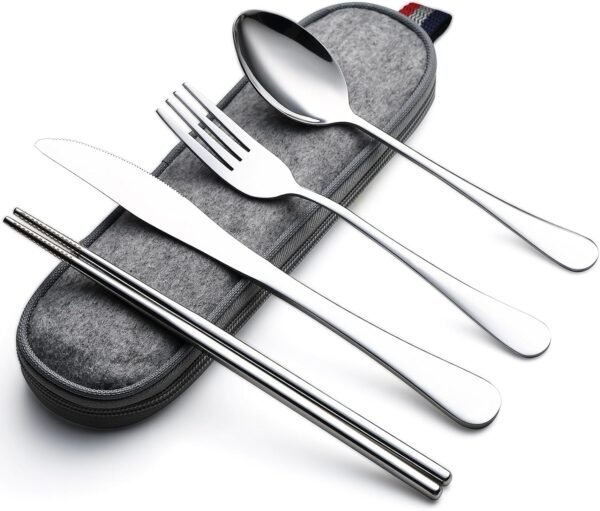 Camping Utensils, Portable Travel Utensils with Case, Stainless Steel Reusable Silverware for Lunch Adult, 5Pcs Cutlery Set Includes Knife Spoon Fork Chopsticks and Case (Silver)