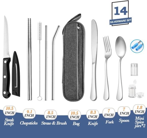 Portable Reusable Travel Utensils Silverware With Case, Camping Cutlery Set, Chopsticks and Straw, Flatware With Case, Stainless Steel Top (Silver) - Image 2