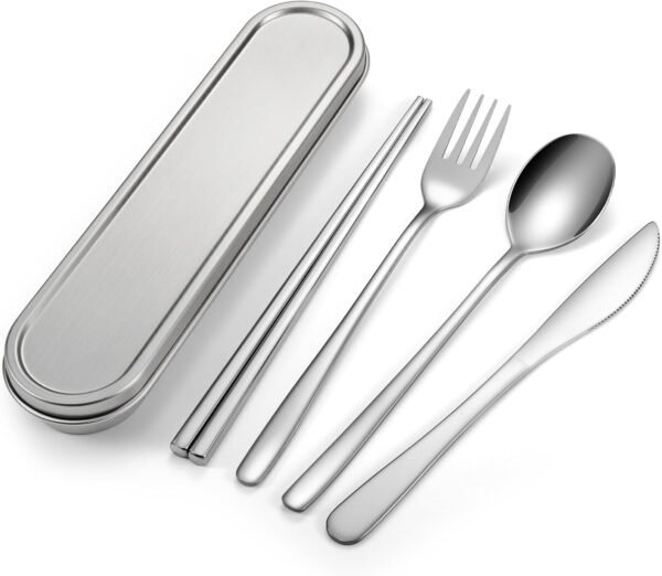 Travel cutlery set, 18/8 stainless steel cutlery, Reusable utensils set with case, Portable Silverware Lunch Box for Camping and Office (Stainless Steel)