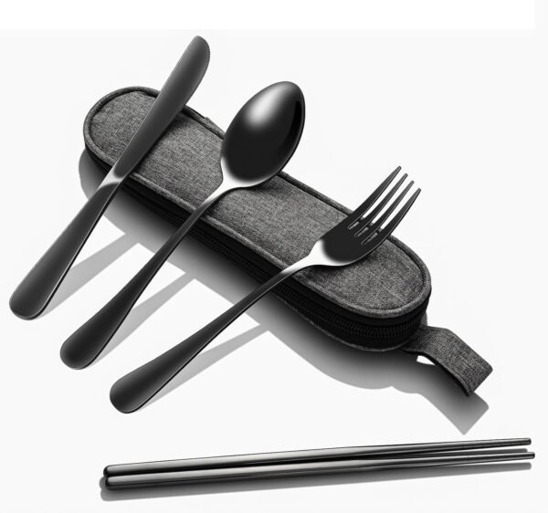 Portable Stainless Steel Flatware Set, Black 5-Piece Travel Silverware Including Knife Fork Spoon Chopsticks with Case, Reusable Silverware for Lunch, Camping, Easy to Clean, Lightweight