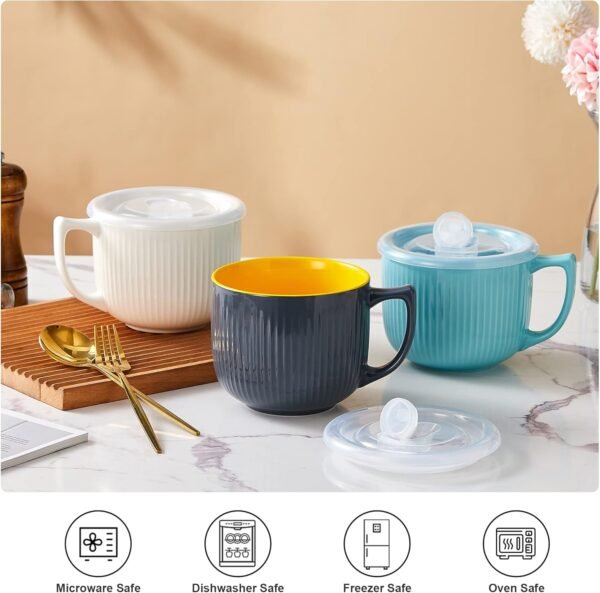 Ceramic Soup Bowl with Handle 32oz – Microwave Ramen Bowl with Lid, Soup Mugs & Cups for Cereal, Oatmeal, Ramen, Instant Noodle, Soup Container with Lid - (Gray) - Image 2