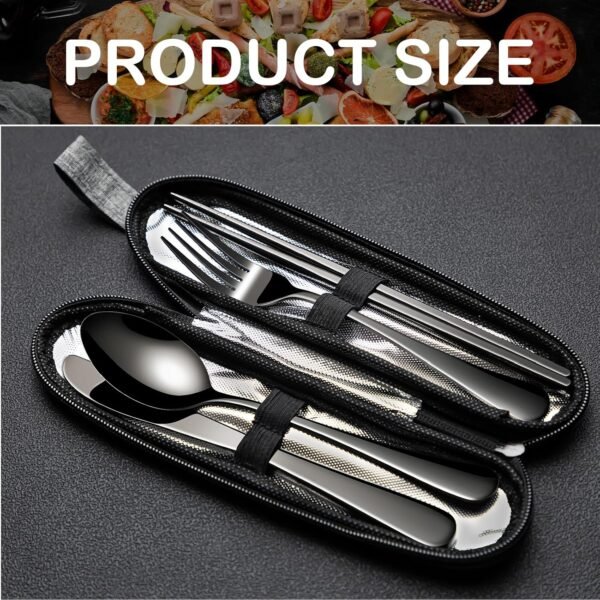 Portable Stainless Steel Flatware Set, Black 5-Piece Travel Silverware Including Knife Fork Spoon Chopsticks with Case, Reusable Silverware for Lunch, Camping, Easy to Clean, Lightweight - Image 2