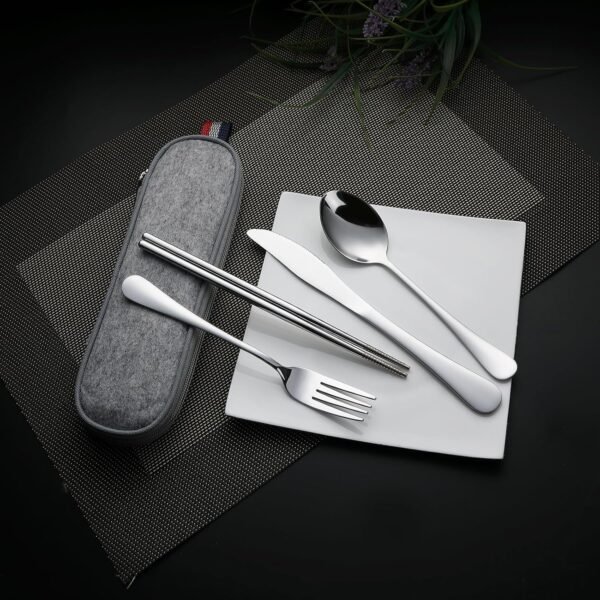 Camping Utensils, Portable Travel Utensils with Case, Stainless Steel Reusable Silverware for Lunch Adult, 5Pcs Cutlery Set Includes Knife Spoon Fork Chopsticks and Case (Silver) - Image 2